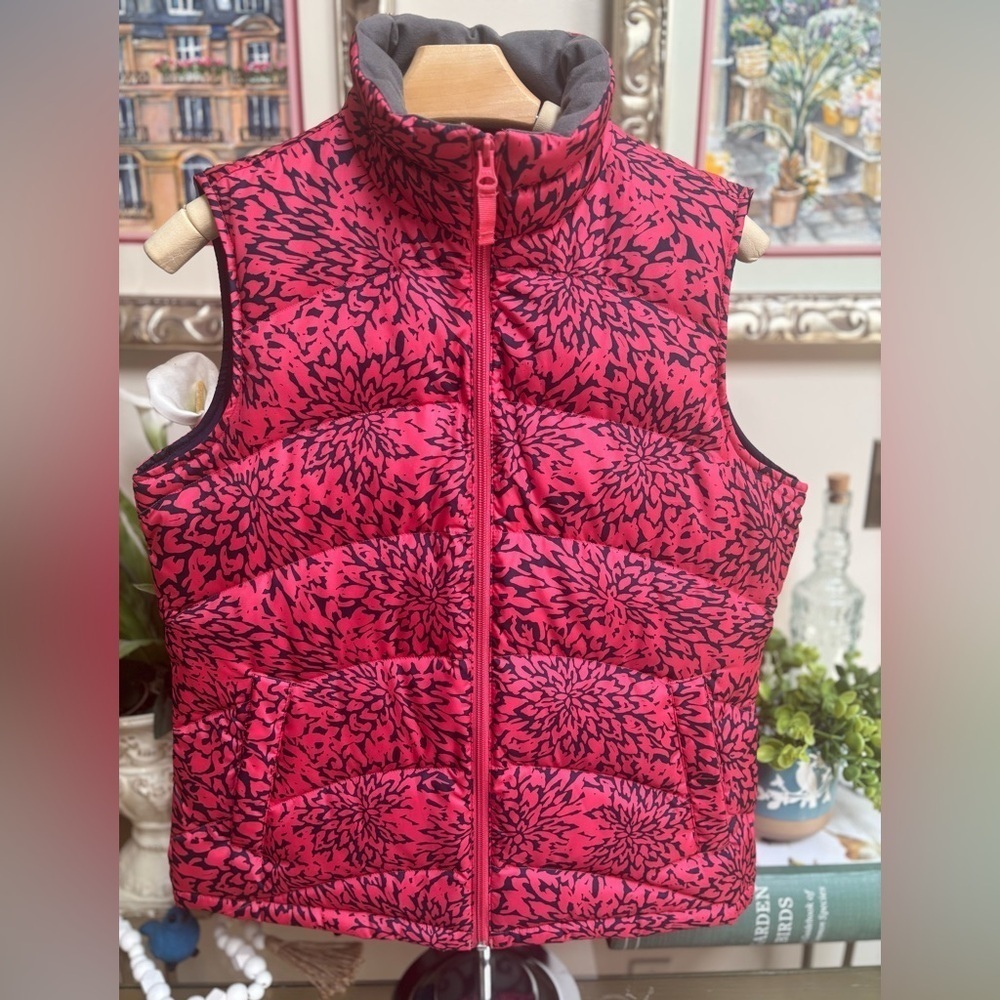 LANDS END Down Filled Puffer Vest Quilted Rose Print Ski Winter Hiking Wear Sz S